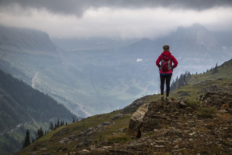 glacier national park, standing, walking, sport, mountain range, mountain Peak, view, activity, mountains, looking at view, cliff, 1080P, lifestyles, rear view