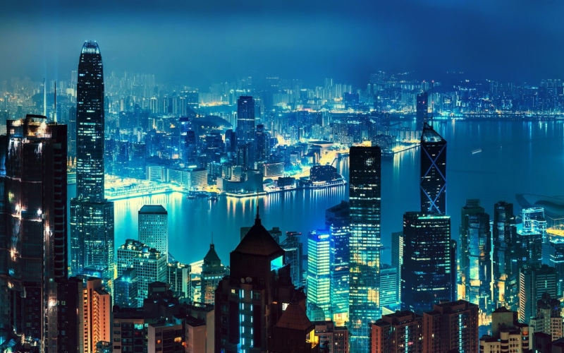 skyscraper, illuminated, 720P, water, office building exterior, no people, office, urban skyline, residential district, Hong Kong, landscape, building