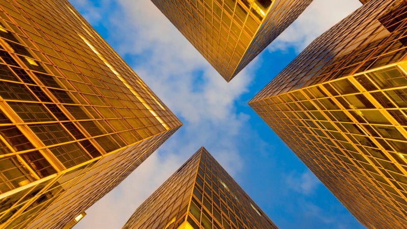 architecture, office, modern, cloud - sky, glass - material, building, day, city, worms eye view, tall - high, office building exterior, built structure