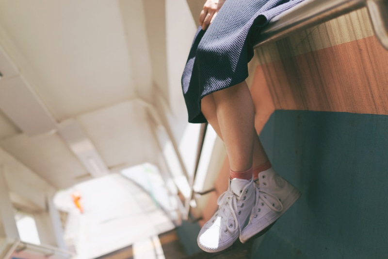 staircase, kowloon bay, standing, 5K, indoors, body part, seat, casual clothing, fashion, colorful, japanese, lifestyles, low section, pink, human leg