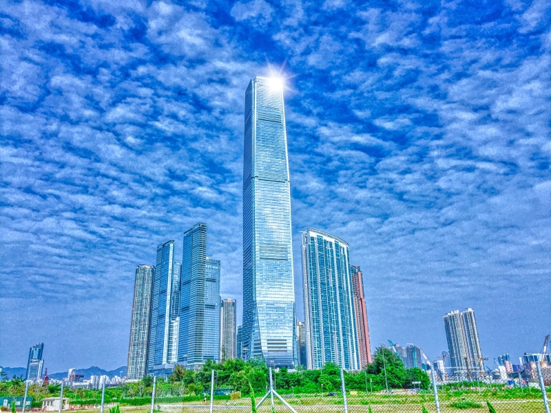 office building exterior, tourism, outdoors, office, travel, travel destinations, city, modern, sky, landscape, west kowloon art park, tall - high, no people