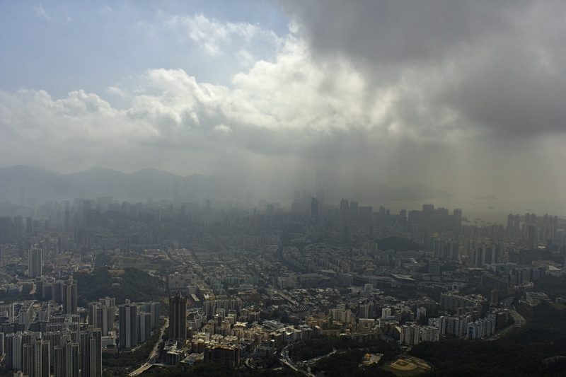 scenery, city, smog, skyscraper, modern, metropolis, crowd, scenic view, office building exterior, building exterior, smoke, aerial view, cityscape, town