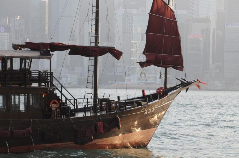 hong kong junk red sail boat, pole, water, sailing, mode of transportation, boat, moored, hong kong junk boat, built structure, fishing industry, sea, nature