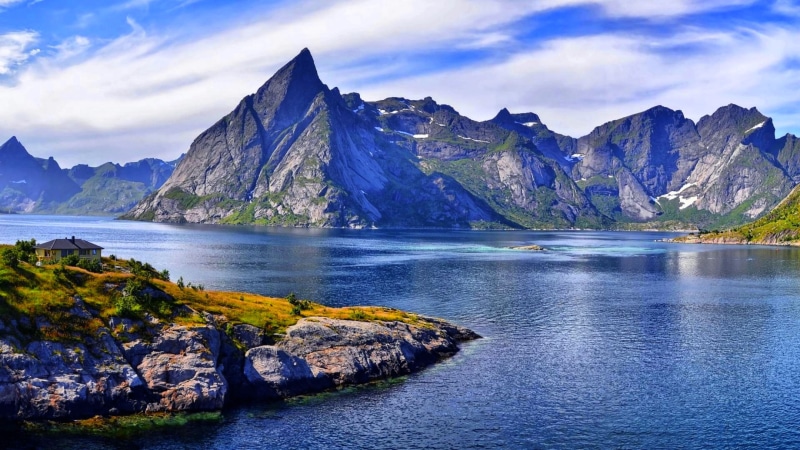 reflection, tranquil scene, mountain, no people, norway, moskennis, k, rock, sky, rock - object, beauty in nature, 4K, mountain range, high