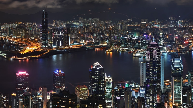 skyscrapers, view, asia, ultra, river, kong, night, hd, top, hong, 1080P, lights