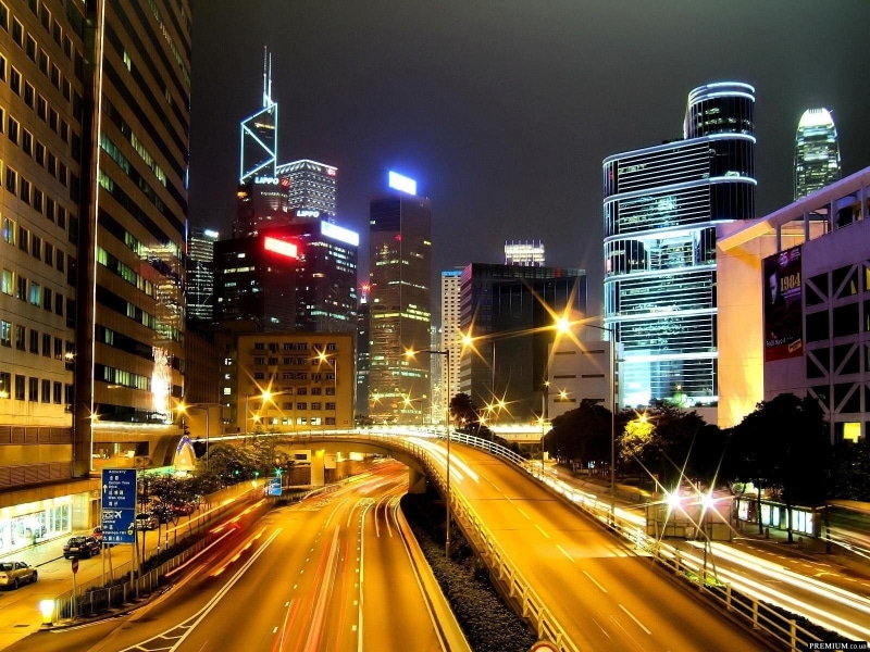 street light, city street, illuminated, city life, no people, 720P, city, transportation, speed, Hong Kong, outdoors, motion, night, skyscraper, long exposure