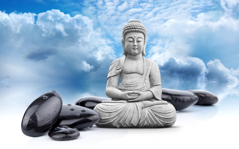 clouds, religion, art, nature, 8K, belief, male likeness, representation, sculpture, buddhism, idol, craft, spirituality, statue, meditating, sky, close-up