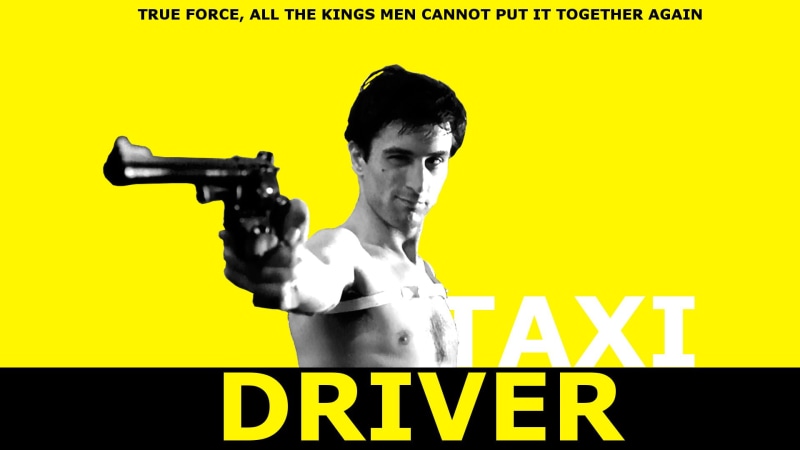 indoors, sign, communication, text, adult, gun, Movie, Taxi Driver, yellow, one person, portrait, aggression, studio shot, colored background, holding