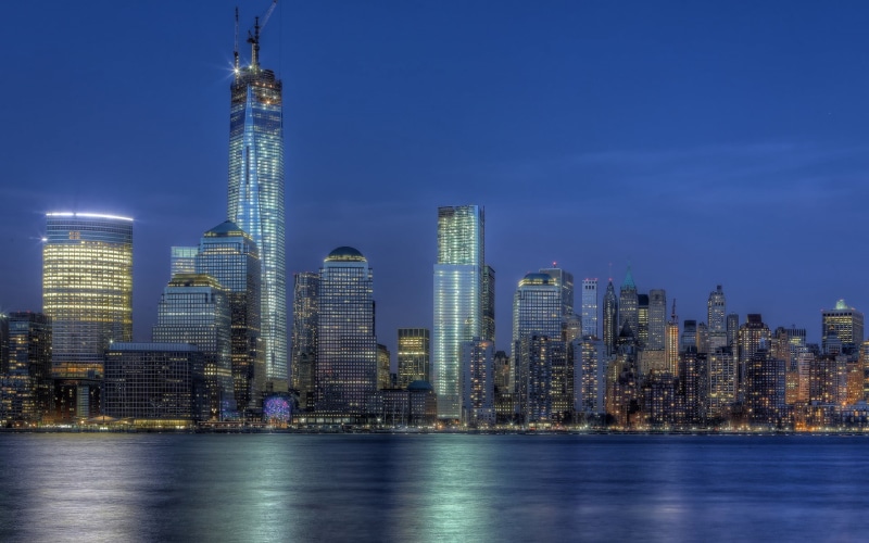 urban skyline, New York City, night, city, black, office building exterior, sky, waterfront, spire, no people, outdoors, buildings, office, architecture