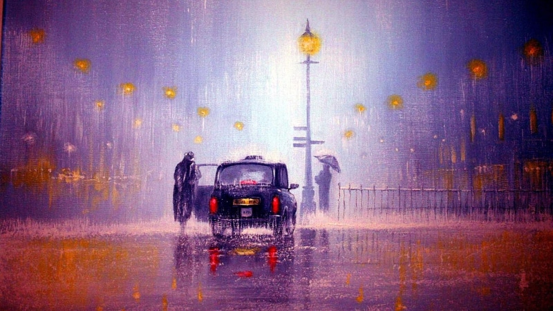 city night, rain, painting, taxi, 1080P