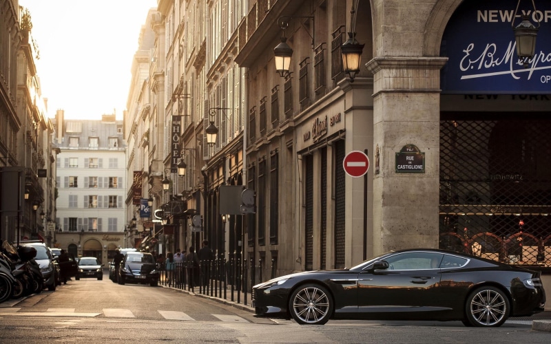 1080P, architecture, city life, black, day, street, Aston Martin, transportation, western script, mode of transportation, outdoors, sign, communication