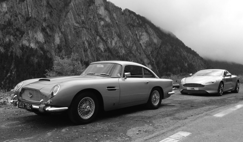 old car, Aston Martin, road, trees, vehicle, Aston Martin DB5, mist, monochrome, mountains, classic car, Aston Martin DB9, car, 1080P