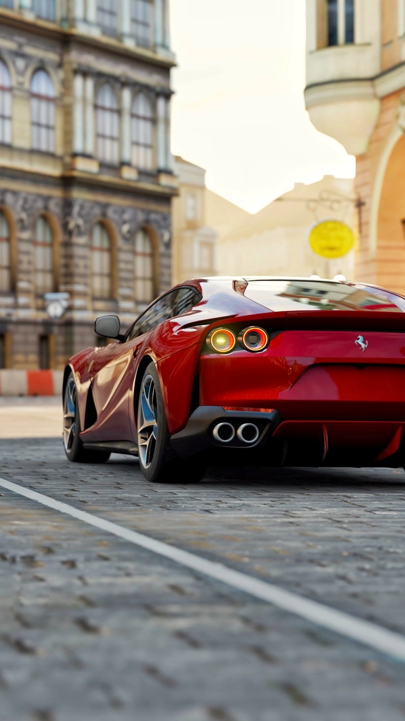 ferrari, red, outdoors, city street, street, building exterior, city life, building, taxi, mode of transportation, built structure, 4K, car, sports car