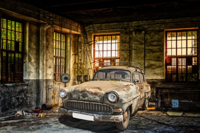 motor vehicle, ruined, history, caravan, damaged, architecture, abandoned, photo montage, old, day, indoors, transportation, land vehicle, old car, garage