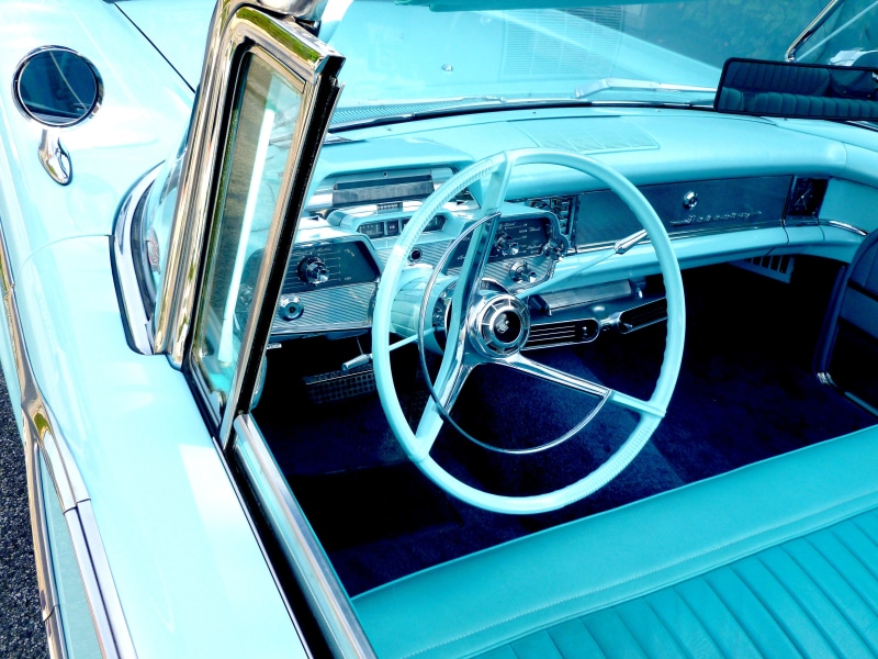 vehicle, dashboard, mercury, auto, chrome plated, motor vehicle, steering wheel, historically, chrome, interior, autoradio, blue, teal, gloss, mode of Transport