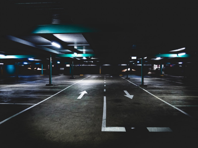 car, night, built Structure, lane, gray, indoors, lighting Equipment, asphalt, marking, backgrounds, arrow symbol, architecture, traffic, urban Scene, transportation