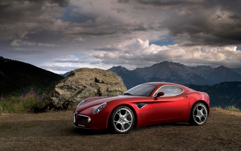 transportation, Alfa Romeo, landscape, luxury, nature, sports car, 720P, mountain range, cloud - sky, red cars, car, Alfa Romeo 8C, beauty in nature, non-urban scene