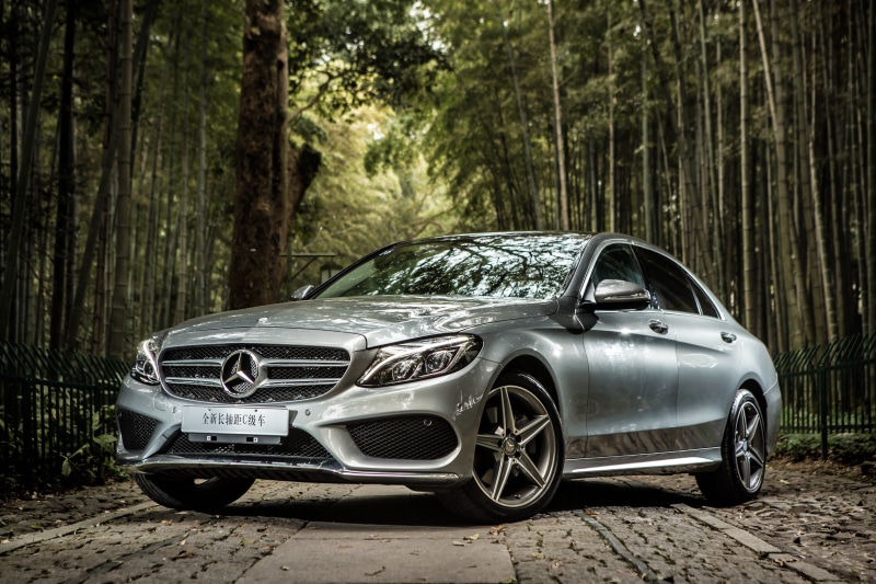 Mercedes, car, AMG, no people, luxury, W205, trunk, Mercedes-Benz, retro styled, tree trunk, mode of transportation, vintage car, nature, silver colored