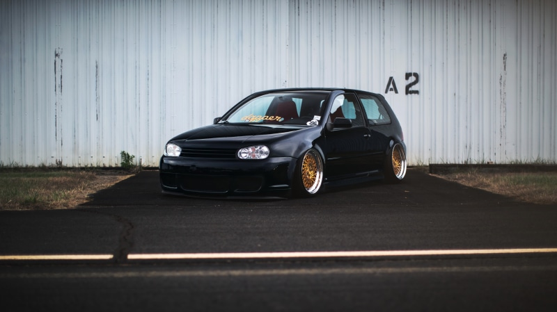 built structure, building exterior, day, no people, Low, Golf, land vehicle, Tuning, outdoors, Black, Dapper, retro styled, 5K, city, car, architecture