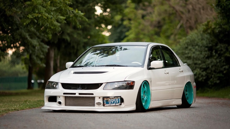 stationary, plant, Mitsubishi Lancer EVO, road, mode of transportation, 1080P, city, silver colored, motor vehicle, tree, white cars, nature, Mitsubishi Lancer