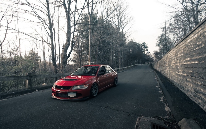 day, building exterior, Mitsubishi Lancer, the way forward, bare tree, red, land vehicle, Stance, sedan, motor vehicle, city, mode of transportation, built structure