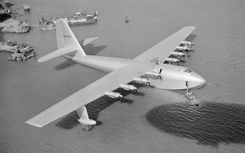 aerial view, 2K, aircraft, Hughes HK-1 Hercules, H-4 Hercules (Spruce Goose), airplane, monochrome