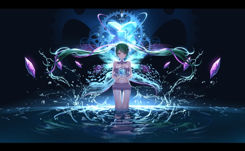 technology, indoors, water, 2K, Vocaloid, navels, glowing, abstract, aqua hair, standing, one person, bare shoulders, kneeling, Hatsune Miku, studio shot