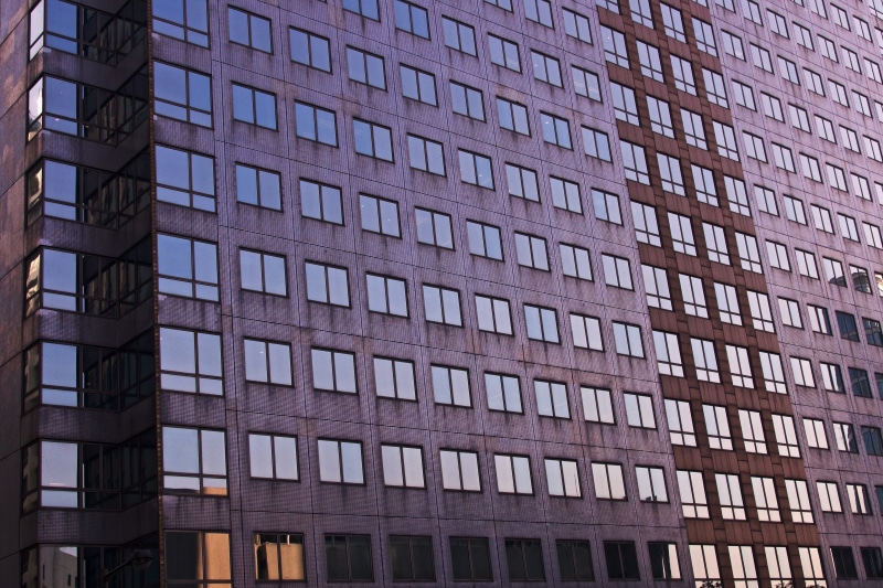 high rise, day, office, purple, architecture, glass, pattern, apartment building, office building exterior, campus, apartment, condo, tree, reflection