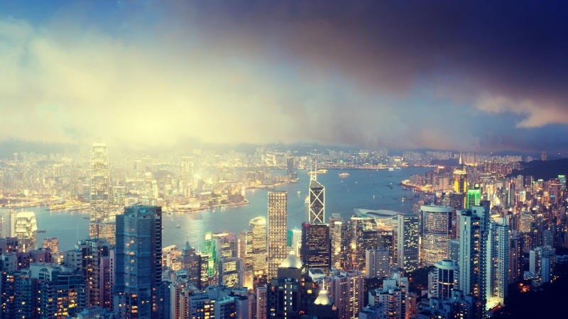 cloud - sky, 1080P, high angle view, Hong Kong, development, outdoors, nightlife, building exterior, office building exterior, buildings, city, gray, sky