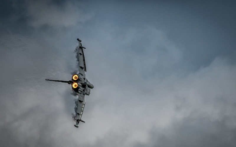 sky, cooperation, overcast, military aircraft, cloud - sky, day, flying, low angle view, helicopter, airplane, Eurofighter Typhoon, on the move, outdoors