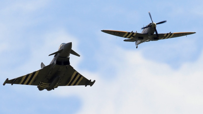 jet fighter, Eurofighter Typhoon, 1080P, military, military aircraft, D-Day, Royal Airforce, Supermarine Spitfire