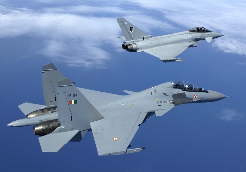 formation flying, cloud - sky, eurofighter typhoon sukhoi su 30mki, sky, motion, military, airplane, 1080P, air force, aerospace industry, flying, on the move