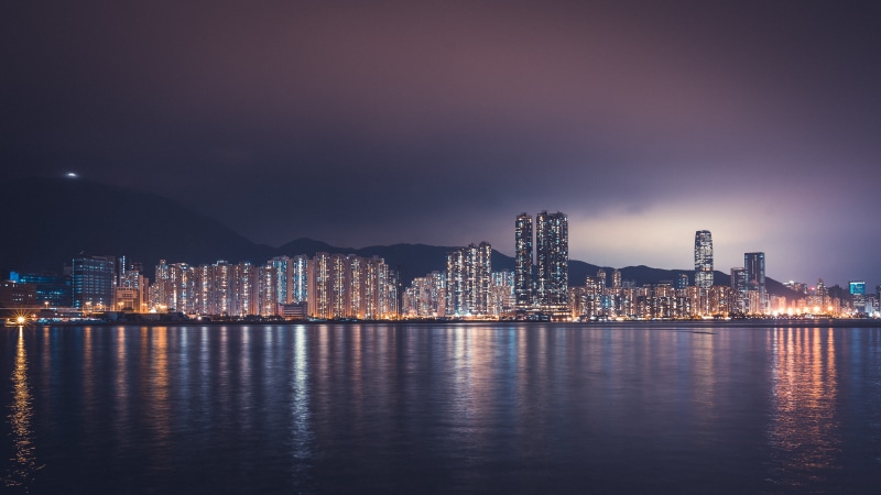 building exterior, housing, metropolis, yau tong, city life, waterfront, downtown, scenery, cityscape, night, office building exterior, landscape, 5K