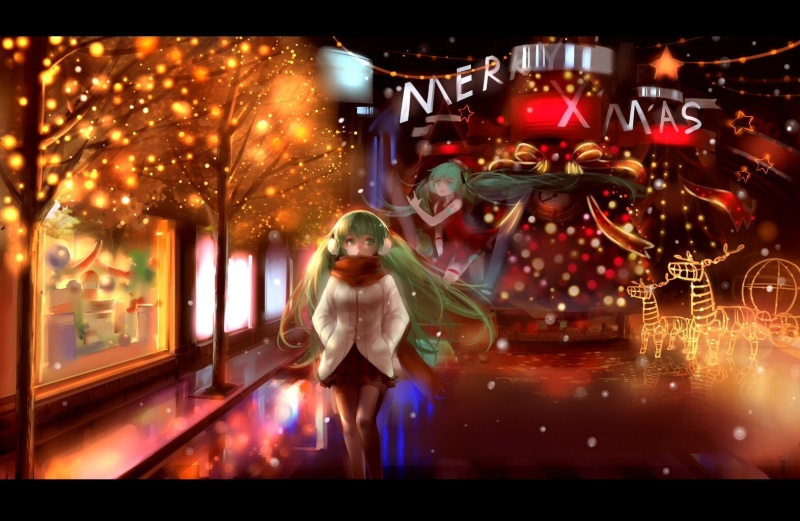 front view, Hatsune Miku, x, tree, blue eyes, illuminated, anime, real people, night, digital, clothing, young adult, arts culture and entertainment, celebration