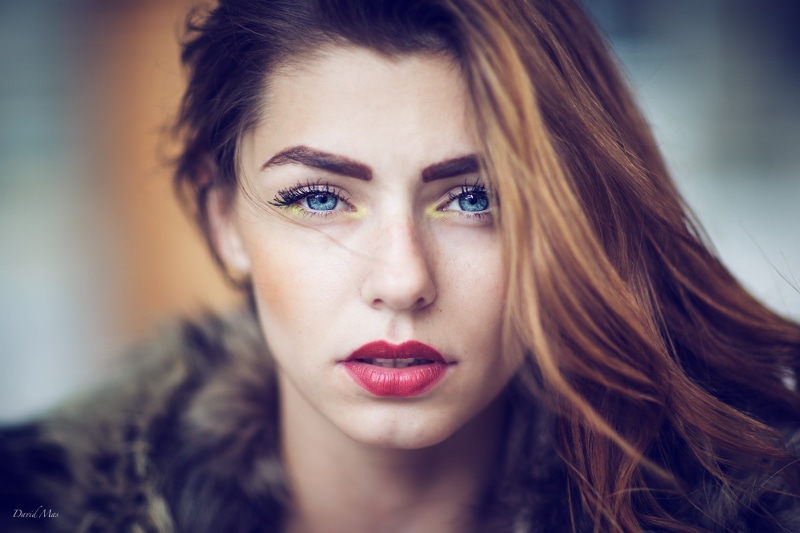 body part, vertical, young adult, beauty, front view, make-up, looking at camera, lipstick, red lipstick, fur, fashion, hairstyle, women, brown hair, beautiful woman
