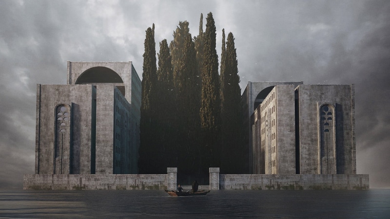 digital art, Arnold Böcklin, building, fantasy art, island, clouds, boat, water, Jie Ma, artwork, 720P, modern, trees