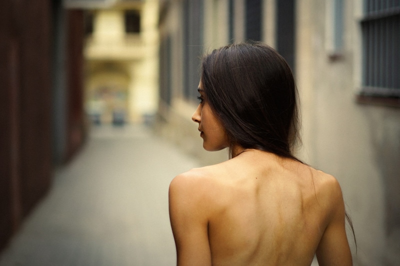 1080P, back, urban, dark hair, bare shoulders, David Mas, women outdoors