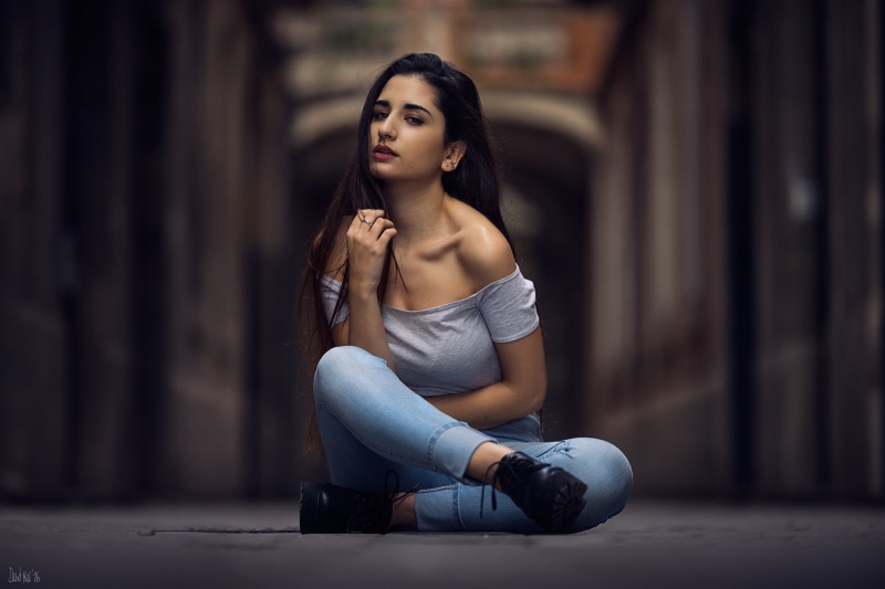 women, brunette, looking at viewer, jeans, long hair, 1080P, sitting, bare shoulders, straight hair, model, David Mas