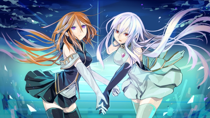 young adult, 1080P, namine ritsu, two people, young women, indoors, illuminated, multi colored, sukone tei, creativity, three quarter length, blue background