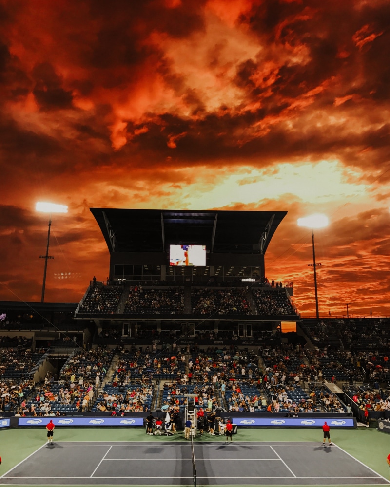 lifestyles, large group of people, sky, 2K, sunrise, orange color, spectator, professional tennis, game, clouds, green, adult, professional sport, group of people