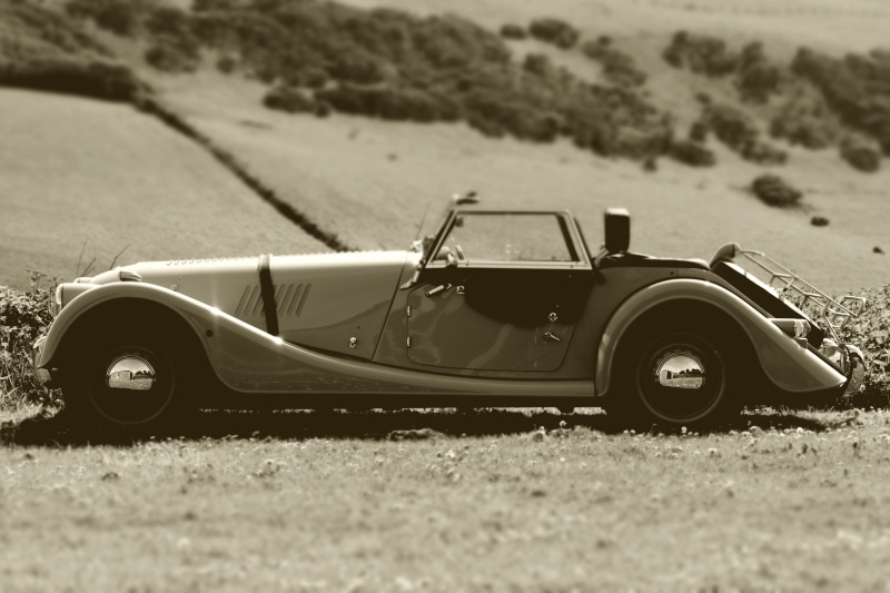 car, land, land vehicle, nature, motor vehicle, morgan car, focus on foreground, retro styled, close-up, luxury, cars, no people, mode of transportation