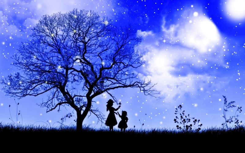 2K, standing, leisure activity, child, land, plant, bare tree, one person, night, outdoors, tree, field, real people, grass, purple, branches, girls, scenics - nature