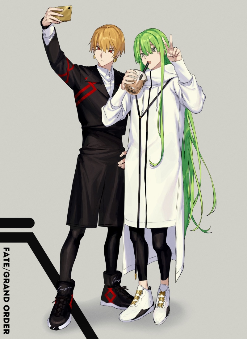 anime boys, blond hair, simple background, taking selfie, green hair, red eyes, Fate/Grand Order, 2K, black clothing, Fate Series, green eyes, fan art