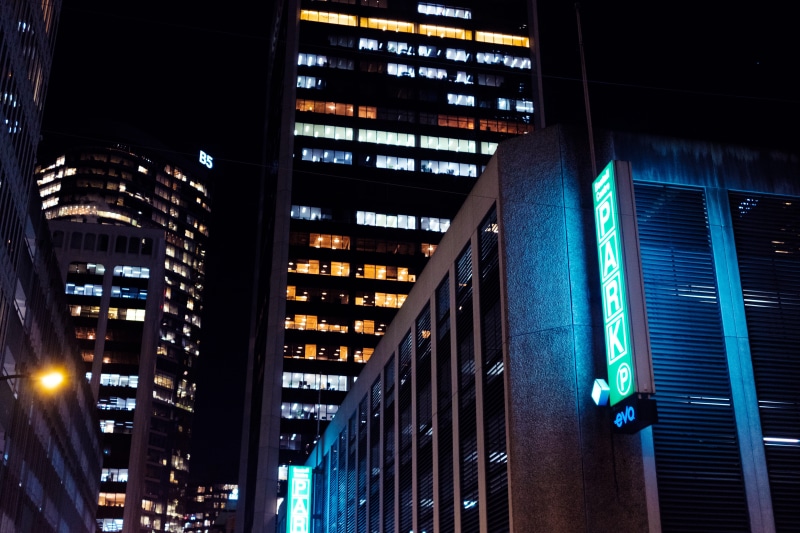 financial district, no people, background, nightlights, architecture, park, building exterior, lighting equipment, 5K, communication, business, building