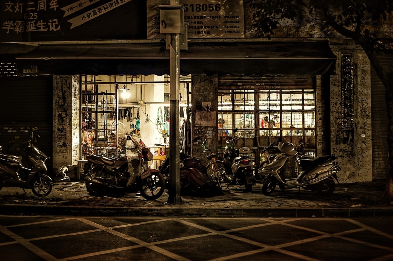 1080P, group of people, night, parked, storefront, built structure, people, crowded, land vehicle, china, workshop, transportation, motor scooter, street