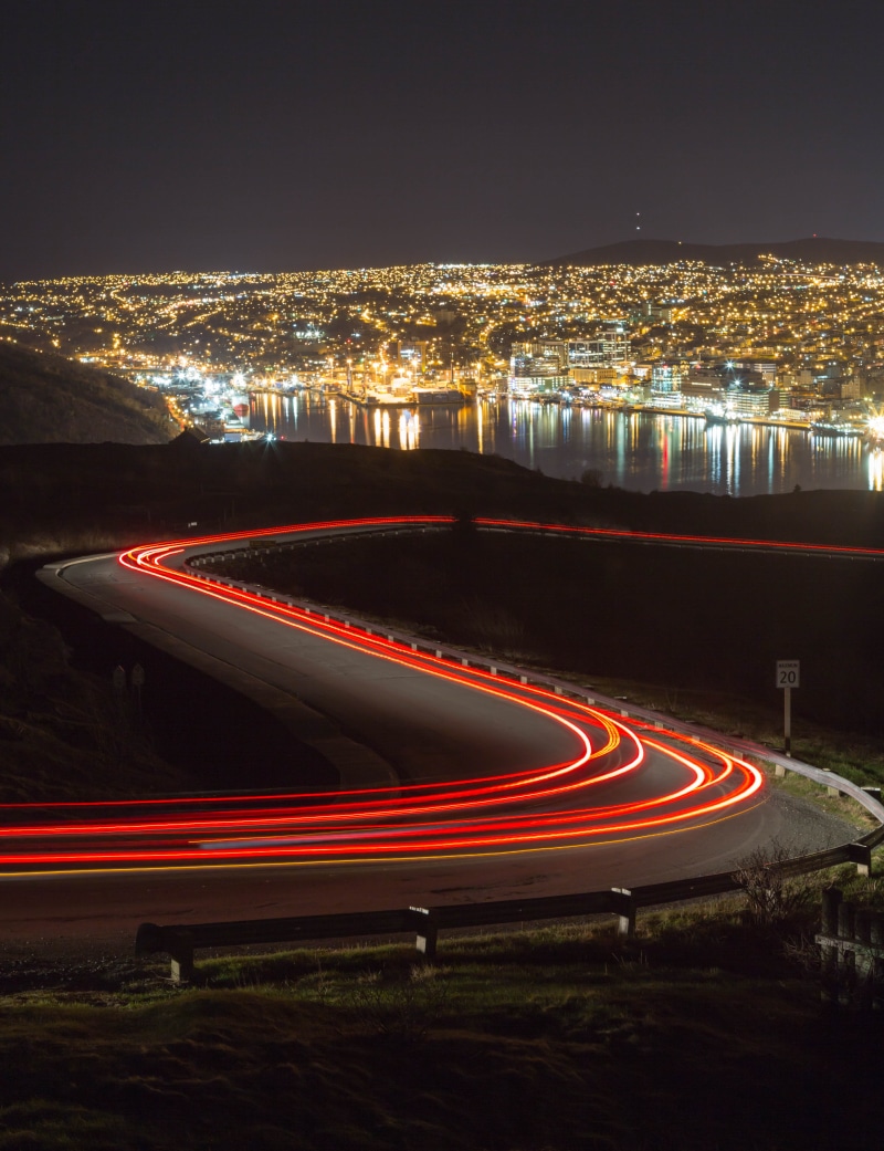 road, longexposure, building exterior, office building exterior, motion, long exposure, nighttime, 4K, newfoundland, city, vehicle light, lighttrail, landscape