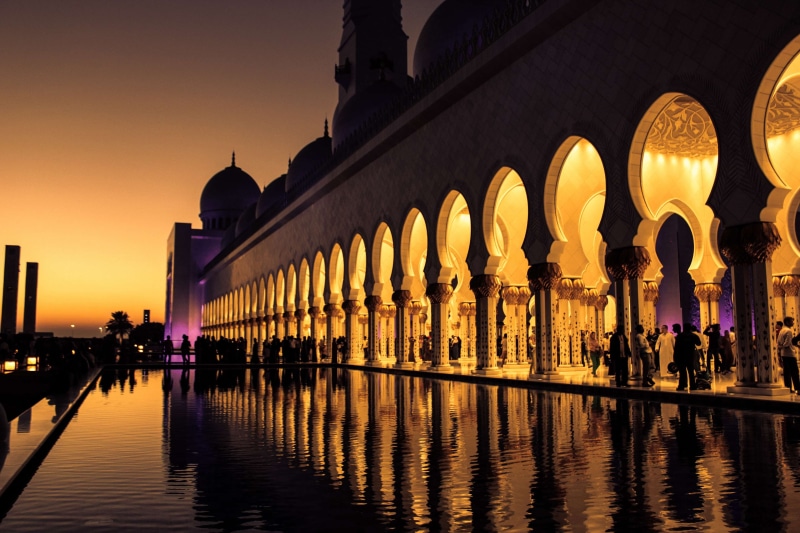 architecture, religion, tourism, 4K, fountain, the past, yellow, golden yellow, travel, light reflections, building, reflection, travel destinations, arch