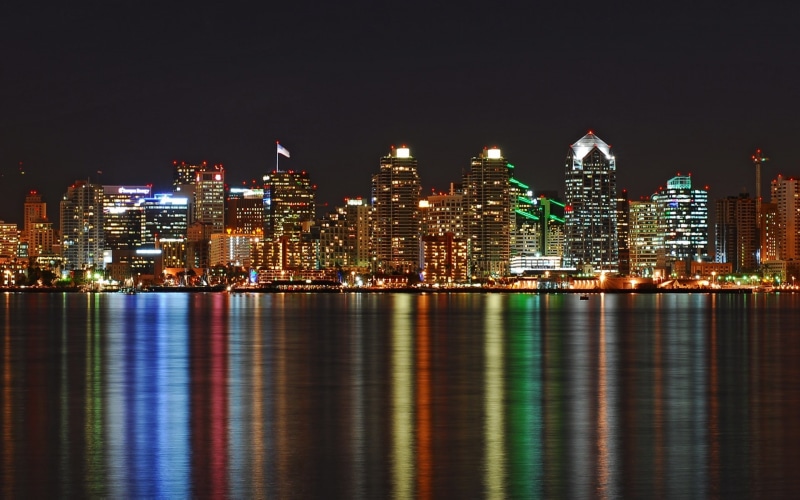 1080P, reflections, hd, san, wallp, x, nightlights, diego, water, skyline, art, architecture, buildings, cityscapes