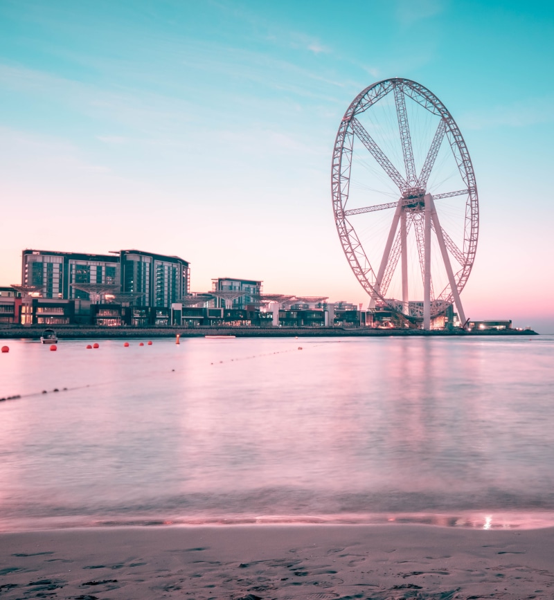 amusement park ride, high, leisure, ferris, entertainment, water, no people, big wheel, day, dubai eye, city, sand, daylight, buoy, mobile, sunset
