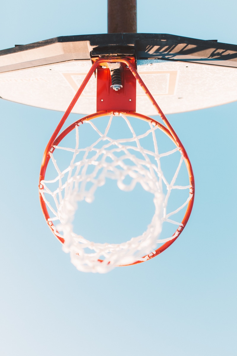 hanging, circle, blue sky, close-up, sports backgrounds, clear sky, play, white, low, lock screen background, basketball - sport, nature, outdoors, low angle view